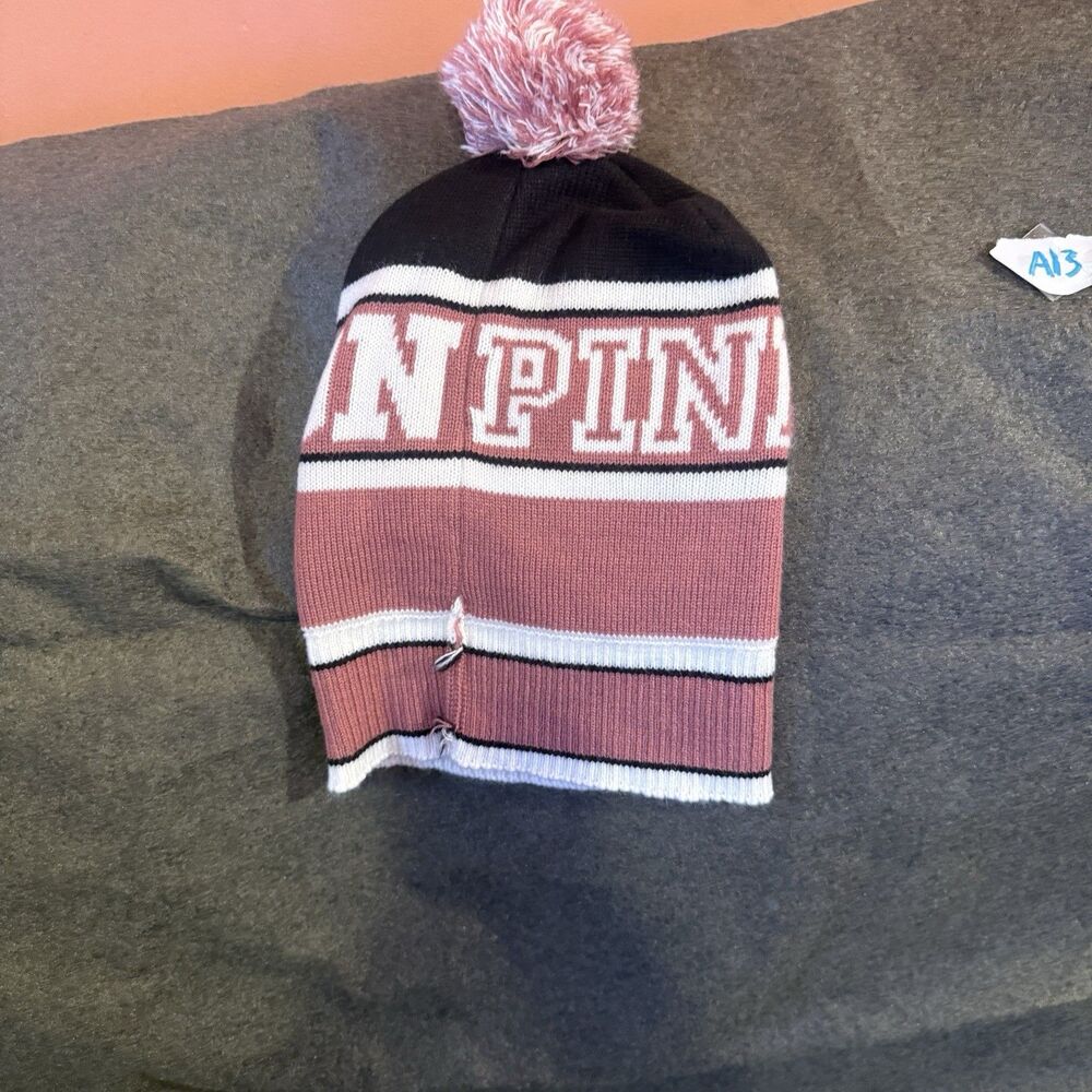 3/$15 Pink Nation Womens Beanie OS One Size Pink Black Hat VS Victorias Secret